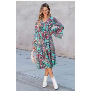 Cupshe Teal and Pink Paisley Bell Sleeve Dress Size Small New